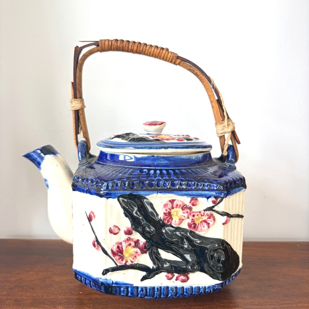 Vintage Japanese Style Hexagonal Teapot Cherry Blossom Relief Bamboo Handle Blue
